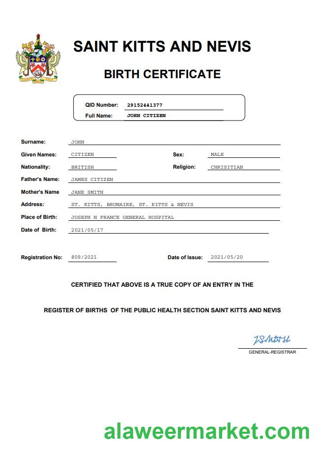 Saint Kitts and Nevis vital record birth certificate Word and PDF template